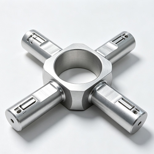 Complex 5-axis CNC machined aluminum mechanical base part with precision circular pockets
